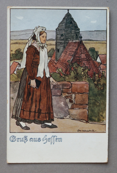 Ansichtskarte AK Gruß aus Hessen 1930er Jahre Tracht Frau Architektur Ortsansicht Hessen